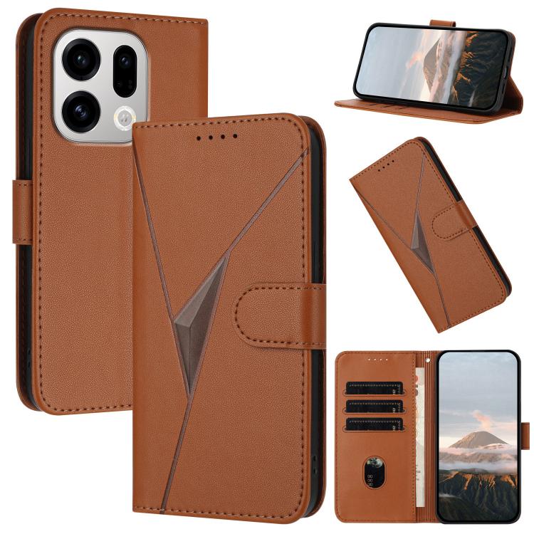 Brown triangle-pattern leather phone case with buckle clasp and card slots.
