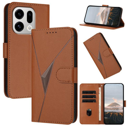 Brown triangle-pattern leather phone case with buckle clasp and card slots.