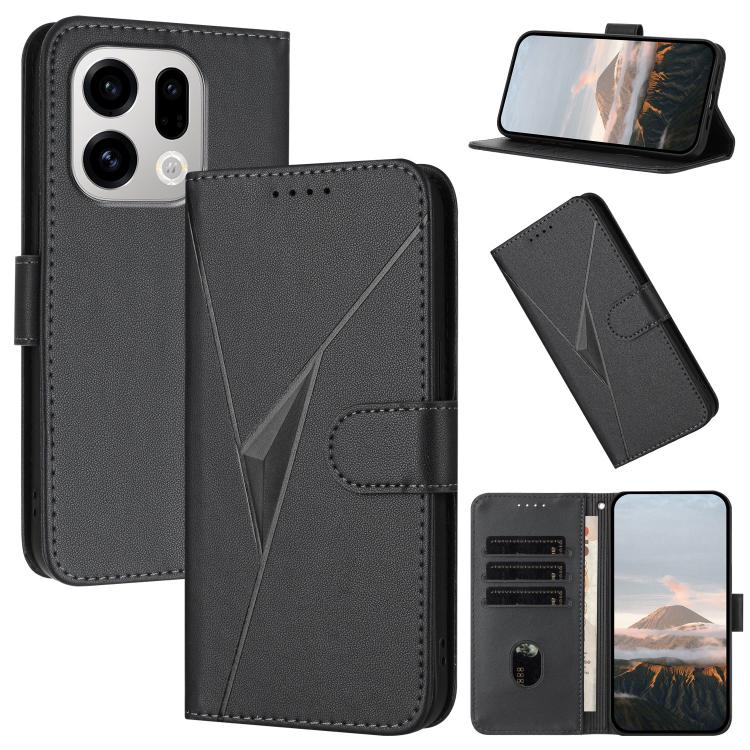 Black triangle-pattern leather phone case with buckle clasp and card slots.