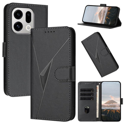 Black triangle-pattern leather phone case with buckle clasp and card slots.