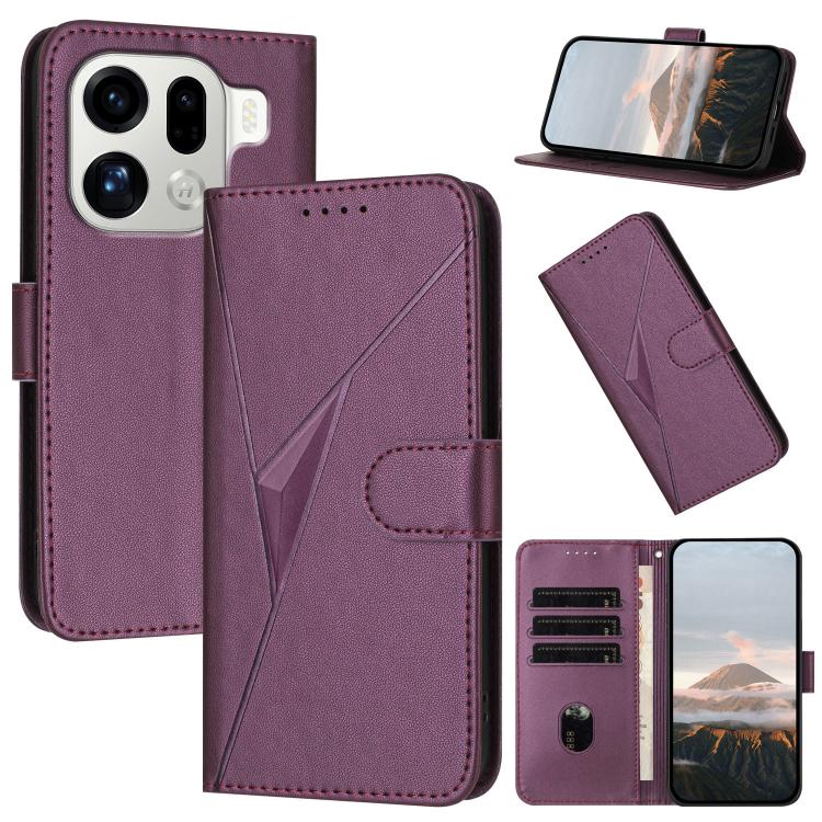 Dark purple leather folio phone case with triangle pattern and buckle clasp, card slots and kickstand