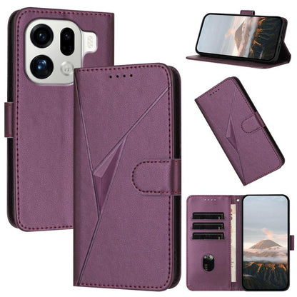 Dark purple leather folio phone case with triangle pattern and buckle clasp, card slots and kickstand