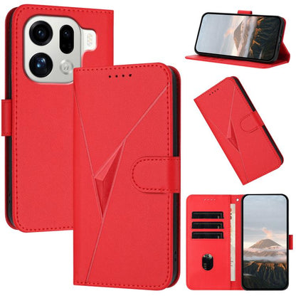 Red leather folio phone case with triangle pattern and buckle clasp, card slots and kickstand