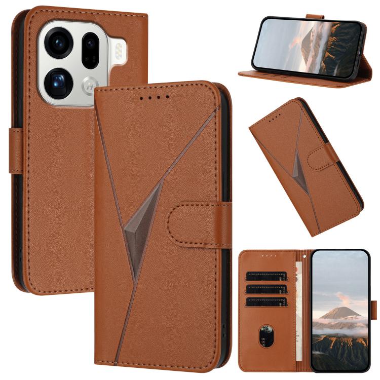 Brown leather folio phone case with triangle pattern and buckle clasp, card slots and kickstand