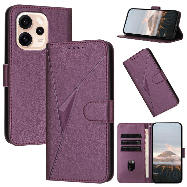 Purple leather phone case with triangle pattern, buckle clasp, and card slots