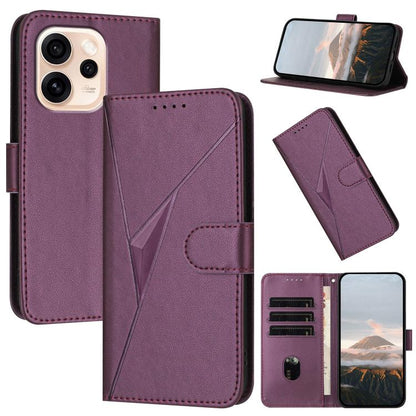 Dark purple leather phone case with triangle pattern, buckle clasp, card slots