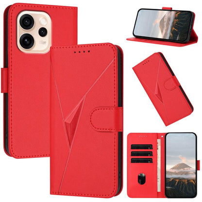 Red leather phone case with triangle pattern, buckle clasp, card slots