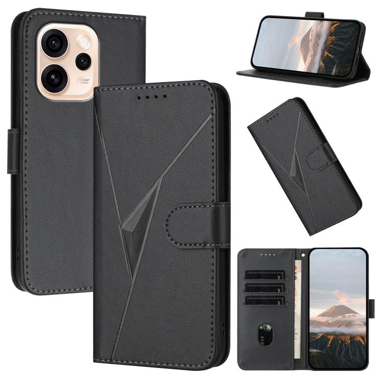 Black leather phone case with triangle pattern, buckle clasp, card slots