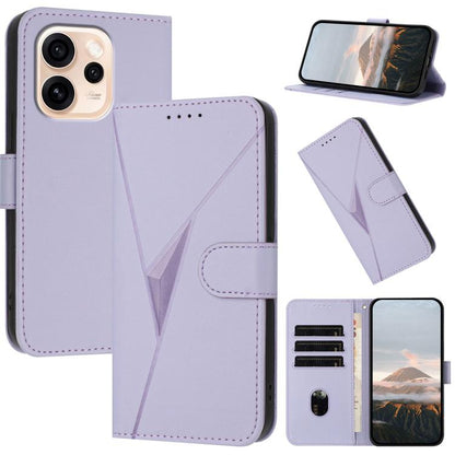 Dark purple leather phone case with triangle pattern, buckle clasp, and card slots