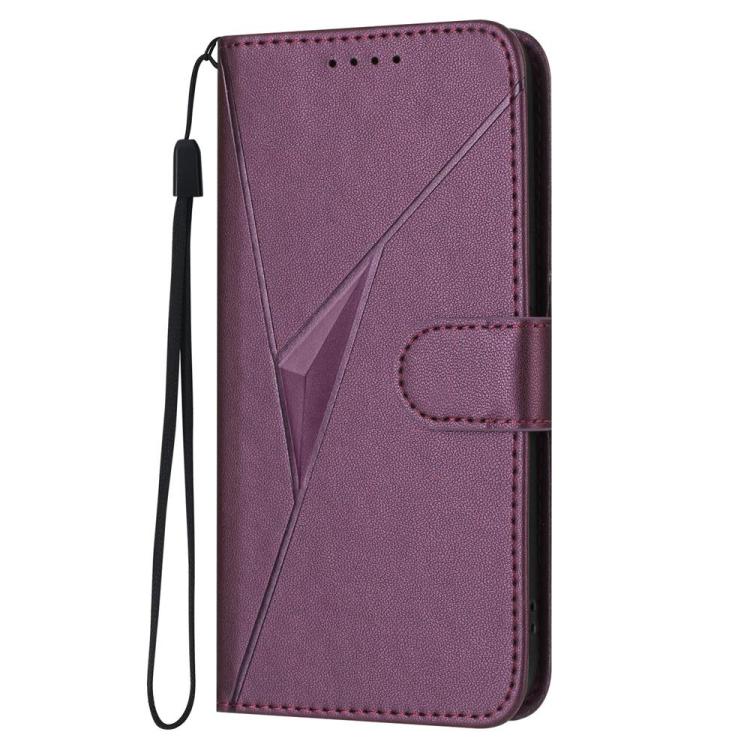 Dark purple leather folio phone case with triangle pattern and side wrist strap