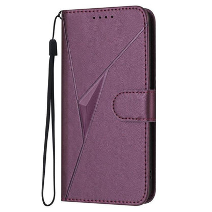 Dark purple leather folio phone case with triangle pattern and side wrist strap