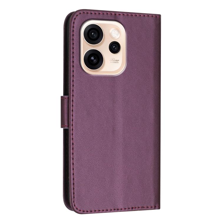 Dark purple leather phone case with cutout for camera and stitched edges