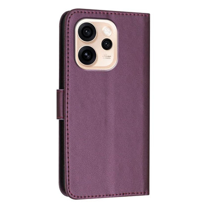 Dark purple leather phone case with cutout for camera and stitched edges