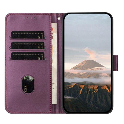 Dark purple leather folio phone case with open cover showing card slots and camera cutout