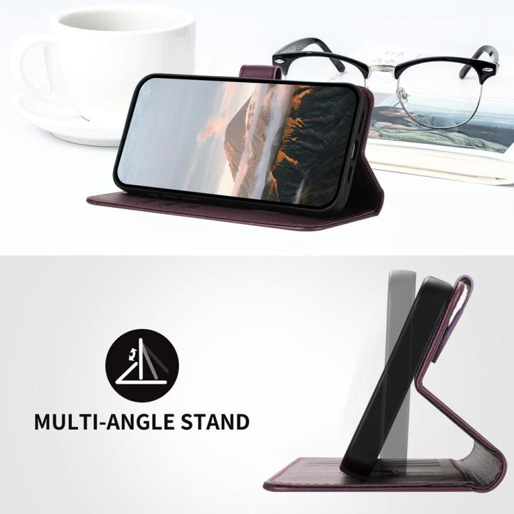 Dark purple leather phone case with multi-angle stand for landscape viewing
