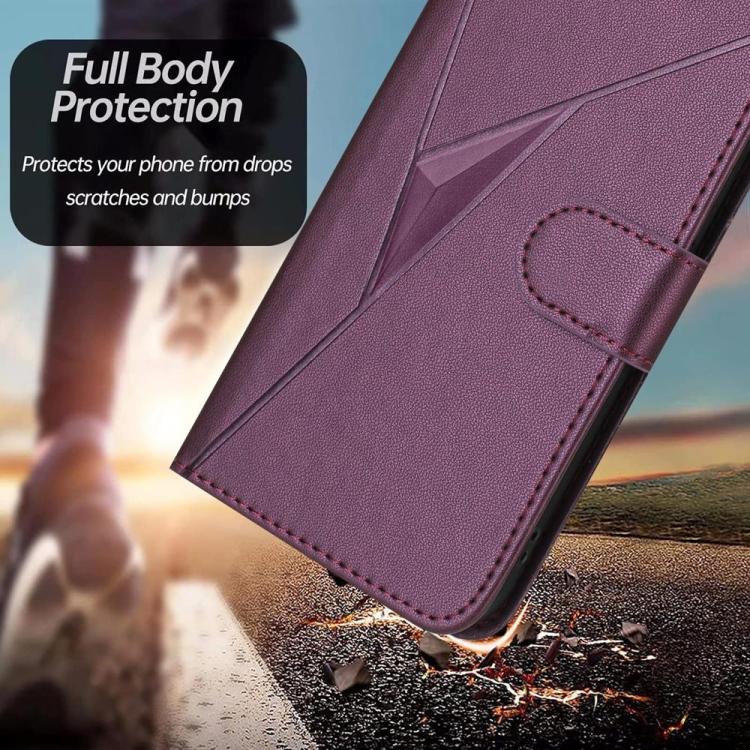 Dark purple leather folio phone case with triangle design and stitched card pocket