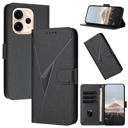 Black leather phone case with triangular geometric pattern and buckle clasp, card holder