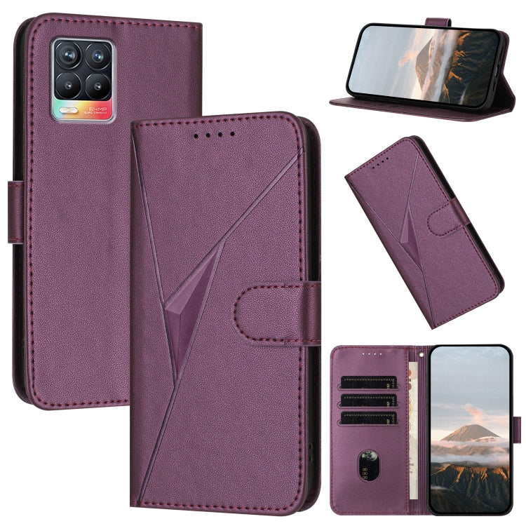 Triangle-pattern leather phone case with buckle clasp, dark purple folio cover