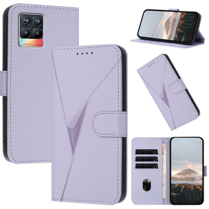 Light purple leather folio phone case with triangle pattern, buckle clasp, card slots