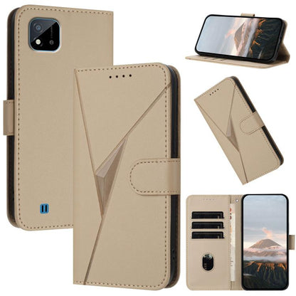 Triangle-pattern leather phone case with buckle clasp, tan folio cover