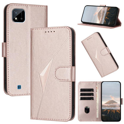 Triangle-pattern leather phone case with buckle clasp, rose pink folio cover