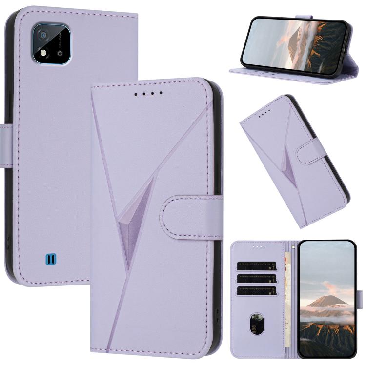Triangle-pattern leather phone case with buckle clasp, light purple folio cover