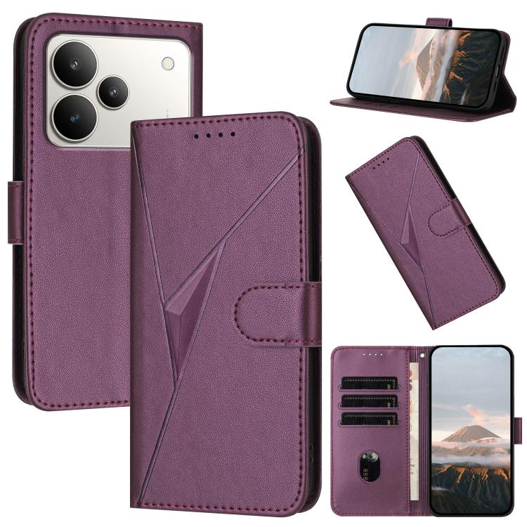 Dark purple leather phone case with triangle pattern buckle clasp, card slots, and stand