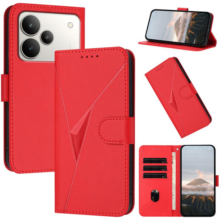 Red wallet-style leather phone case with triangle pattern, buckle clasp, and card slots