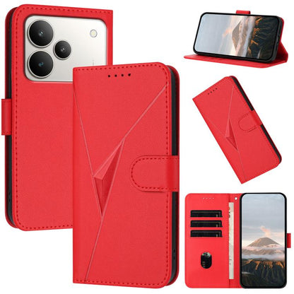 Red wallet-style leather phone case with triangle pattern, buckle clasp, and card slots