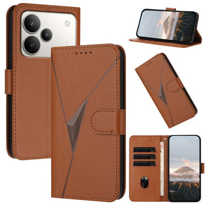 Brown wallet-style leather phone case with triangle pattern and buckle clasp, card slots