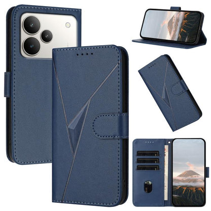 Royal blue leather phone case with triangle pattern, buckle clasp, and flip cover stand