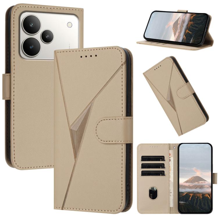 Tan leather phone case with triangle pattern, buckle clasp, and flip cover card holder