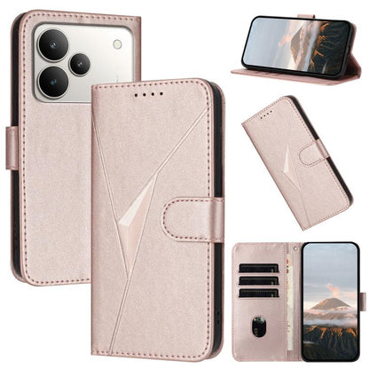 Rose gold leather phone case with triangle pattern, buckle clasp, and flip cover stand
