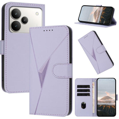 Light purple leather phone case with triangle pattern, buckle clasp, and flip cover card slots