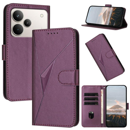 Dark purple leather phone case with triangle pattern, buckle clasp, card slots and stand