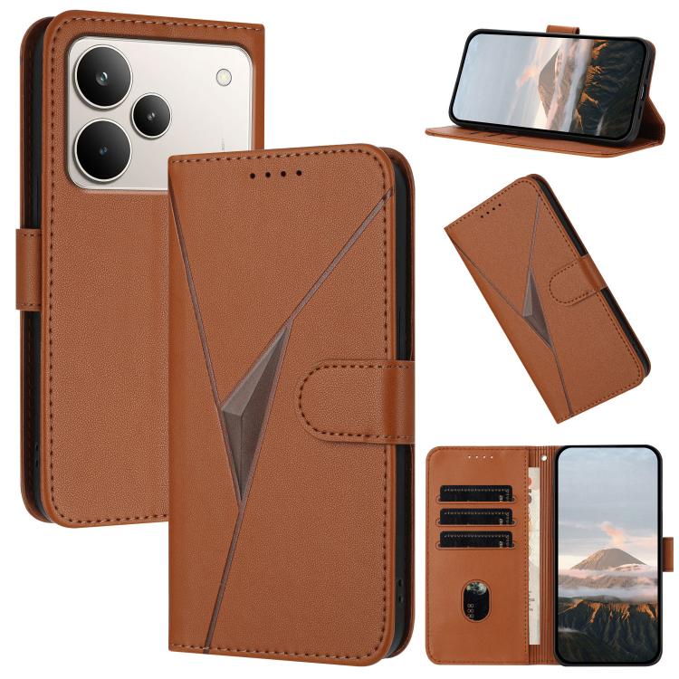 Brown leather phone case with triangle pattern buckle clasp, card slots, and viewing stand