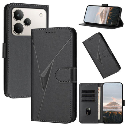 Black leather phone case with triangle pattern, buckle clasp, card slots, and flip stand