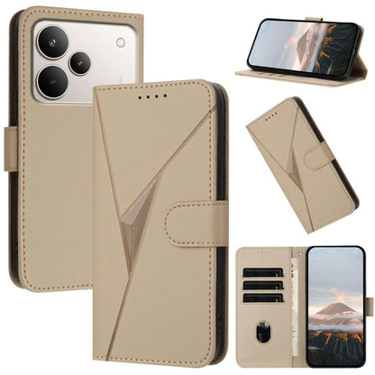 Gold leather phone case with triangle pattern buckle clasp, card slots, and viewing stand