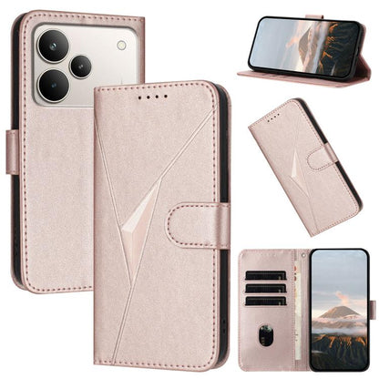 Rose gold leather phone case with triangle pattern, buckle clasp, card slots, and stand