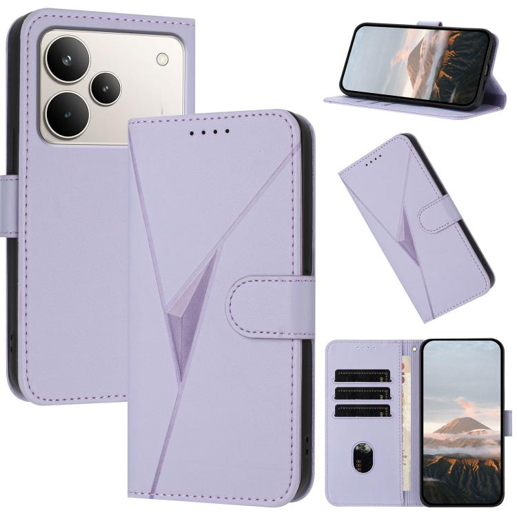 Light purple leather phone case with triangle pattern buckle clasp, card slots, and stand