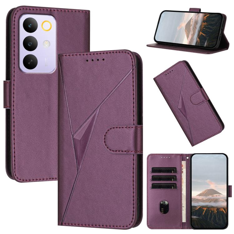 Dark purple leather phone case with triangle pattern, buckle clasp, card slots and stand