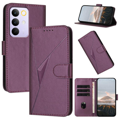 Dark purple leather phone case with triangle pattern, buckle clasp, card slots and stand