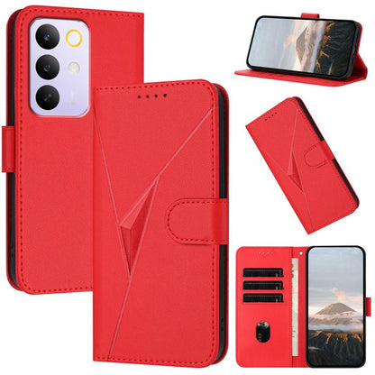 Red leather phone case with triangle pattern, buckle clasp, card slots and stand