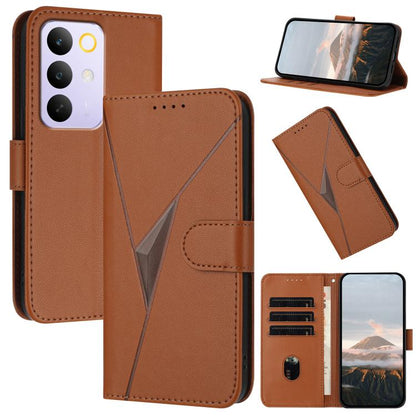 Brown leather phone case with triangle pattern, buckle clasp, card slots and stand