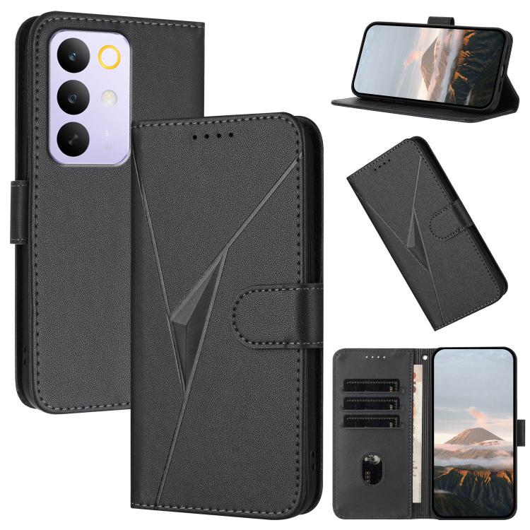 Black leather phone case with triangle pattern, buckle clasp, card slots and stand