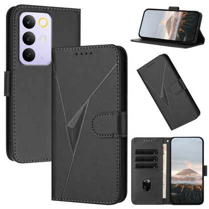 Black leather phone case with triangle pattern, buckle clasp, card slots and stand