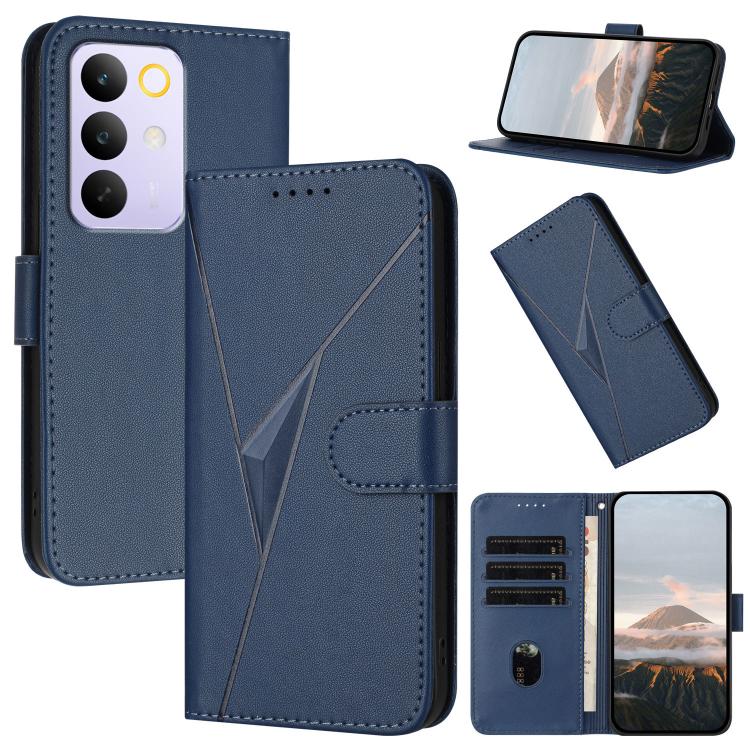 Royal blue leather phone case with triangle pattern, buckle clasp, card slots and stand