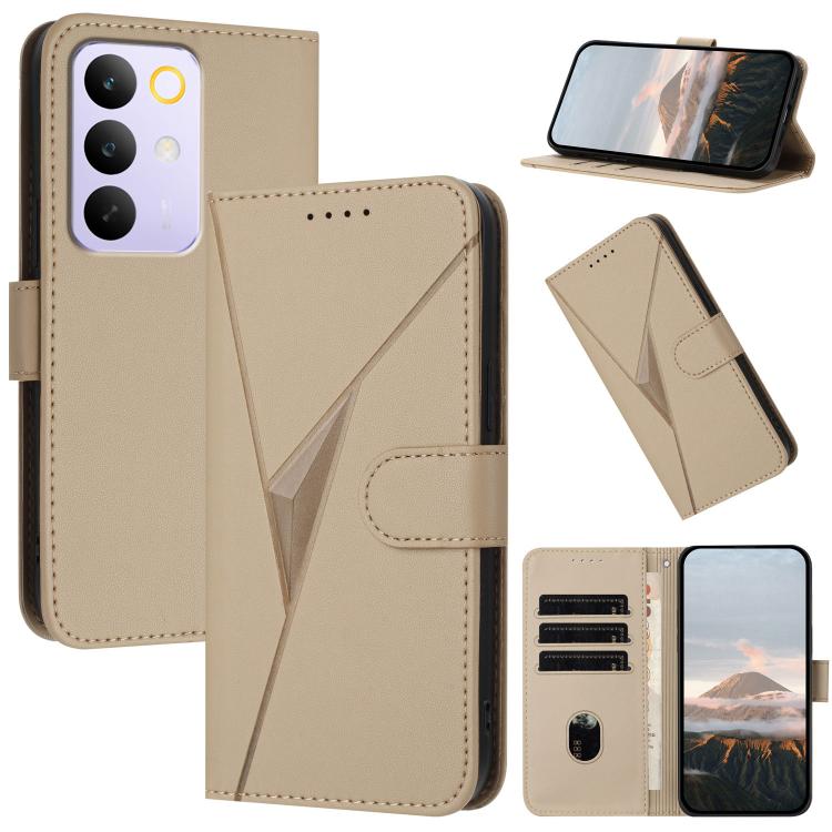 Gold leather phone case with triangle pattern, buckle clasp, card slots and stand