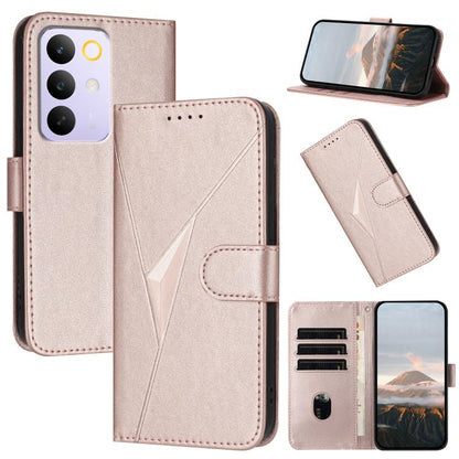 Rose gold leather phone case with triangle pattern, buckle clasp, card slots and stand