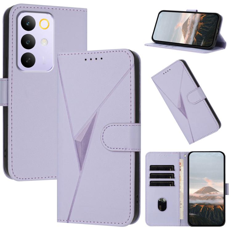 Light purple leather phone case with triangle pattern, buckle clasp, card slots and stand